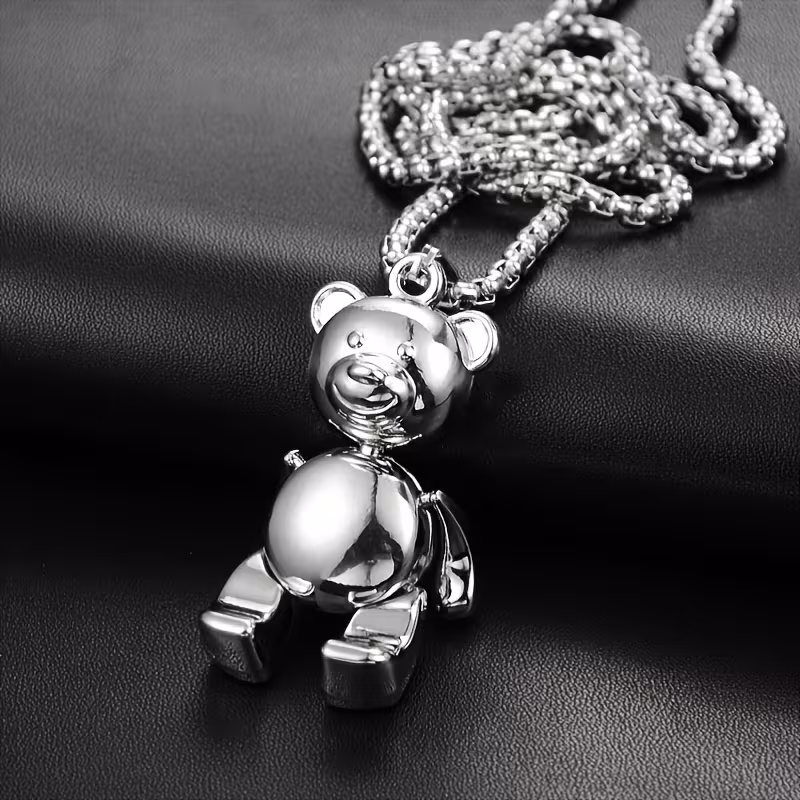 new cute bear pendant necklace stainless steel 70cm long chain suitable for women and mens daily wear classic pendant little bear movable design suitable for daily holiday gifts for her Product details 6