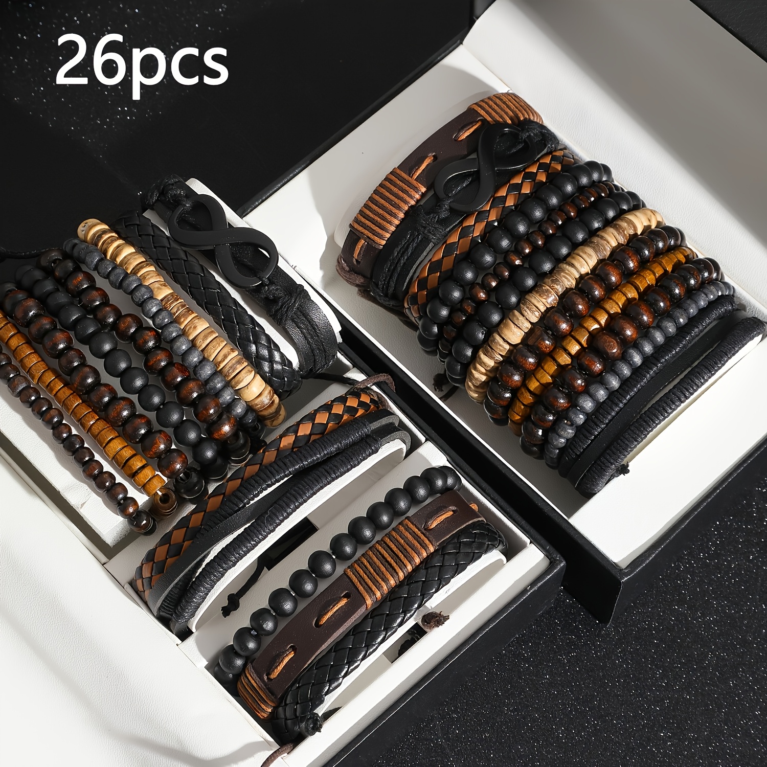 TEMU A Collection Of 26 Fashionable Stackable Bracelets, From Faux Leather And Wooden Beads, Perfect For 's Hip-hop Look. Versatile Additions Are