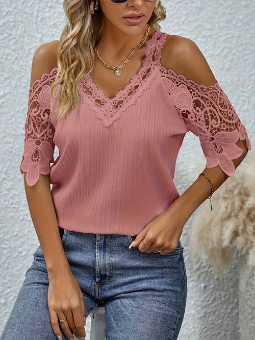 t-shirt décontracté à col et en dentelle à épaules dénudées pour femmes - mode femme
