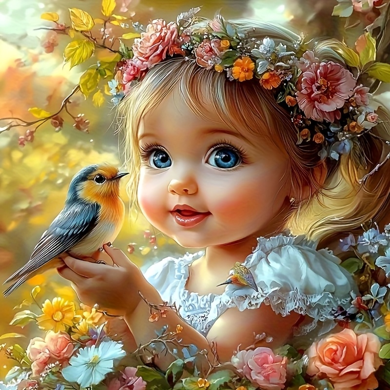 TEMU Complete Diamond Painting Kit Featuring A Girl With Birds, Suitable For Adults, Perfect For Home Decoration And Gifting