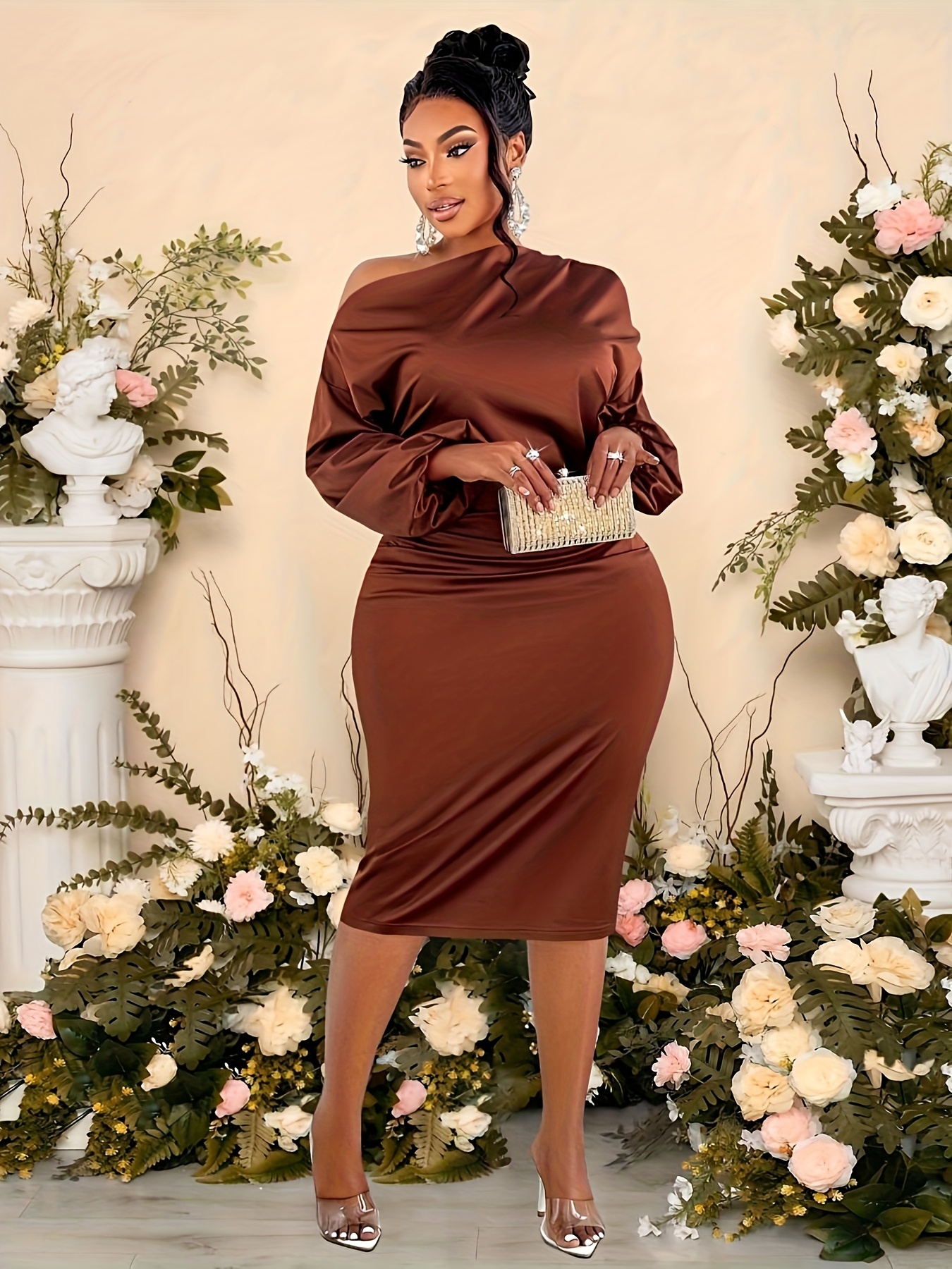 plus size women's brown dresses Plus Size Aiyana Mesh Midi Dress- Brown 2X / Brown at Curvy Sense main image 0