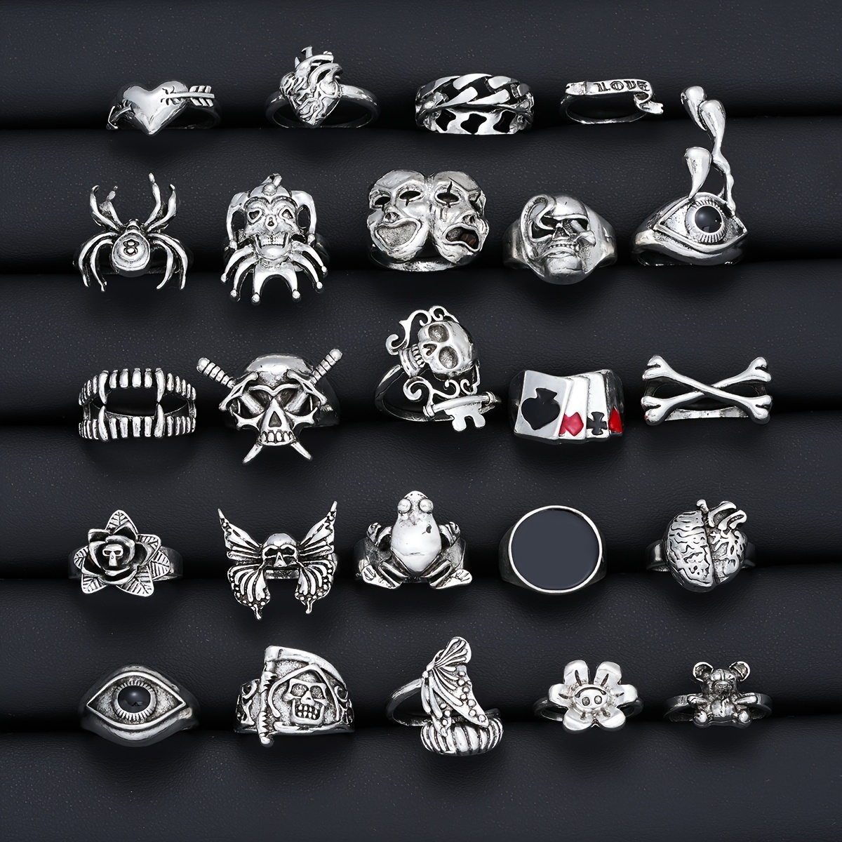 

24-piece Gothic Punk Style Ring Set - Unisex Zinc Alloy Stackable Rings With Skull, Wing, Pirate, Frog, Heart, Eye Designs - No Plating, Gift For Her, Statement Jewelry For Parties And Everyday Wear