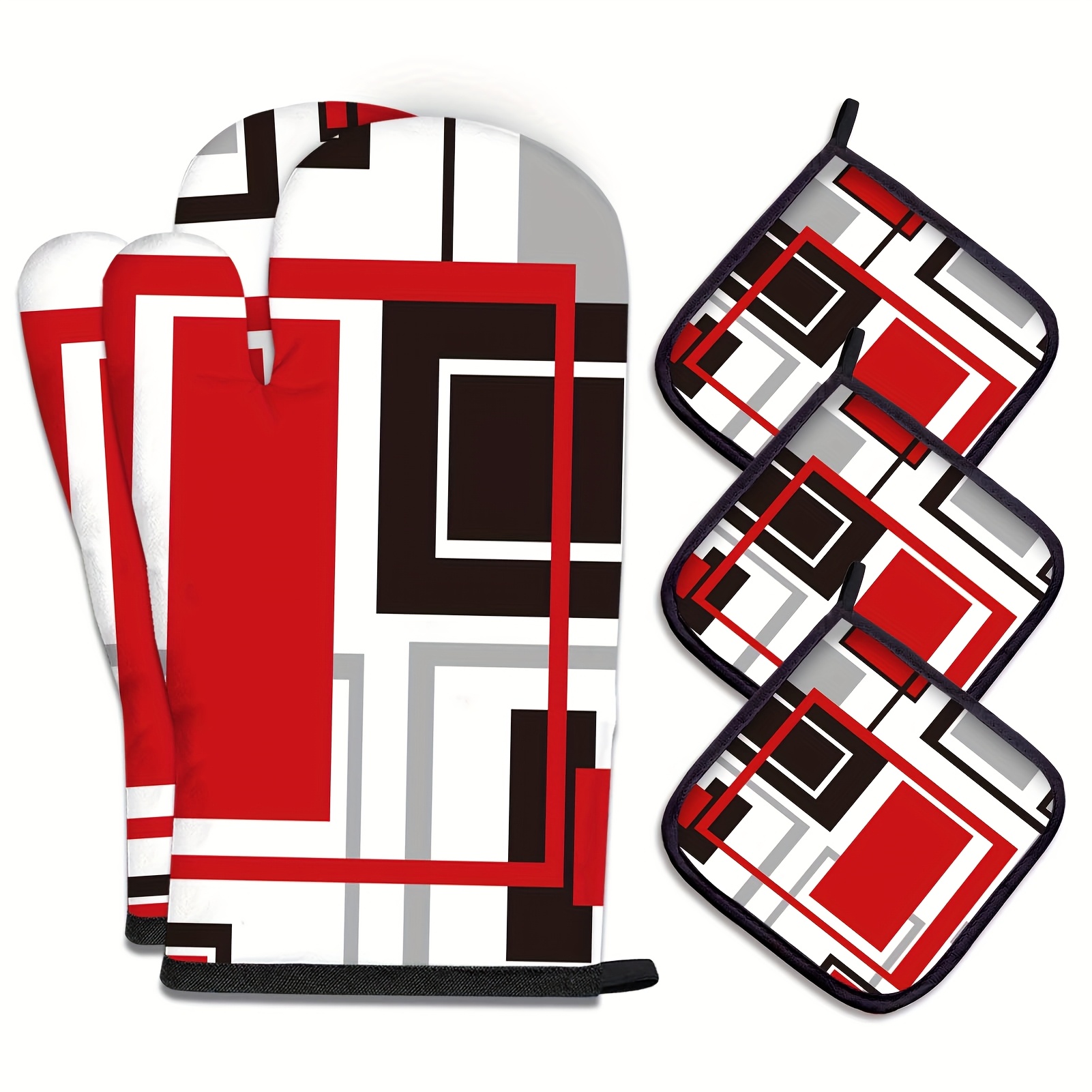 TEMU 5pcs Geometric Mitts And Pot Holders Sets, Black Oven Gloves And Hot Pads For Kitchen Cooking, Abstract Modern Art Oven Mitt Potholder Is Functional And Decorative