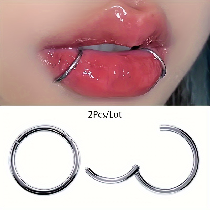 TEMU 2pcs Seamless Stainless Steel Lip Ring Set - Elegant Punk Style Body Piercing Jewelry For Women, & Party Wear