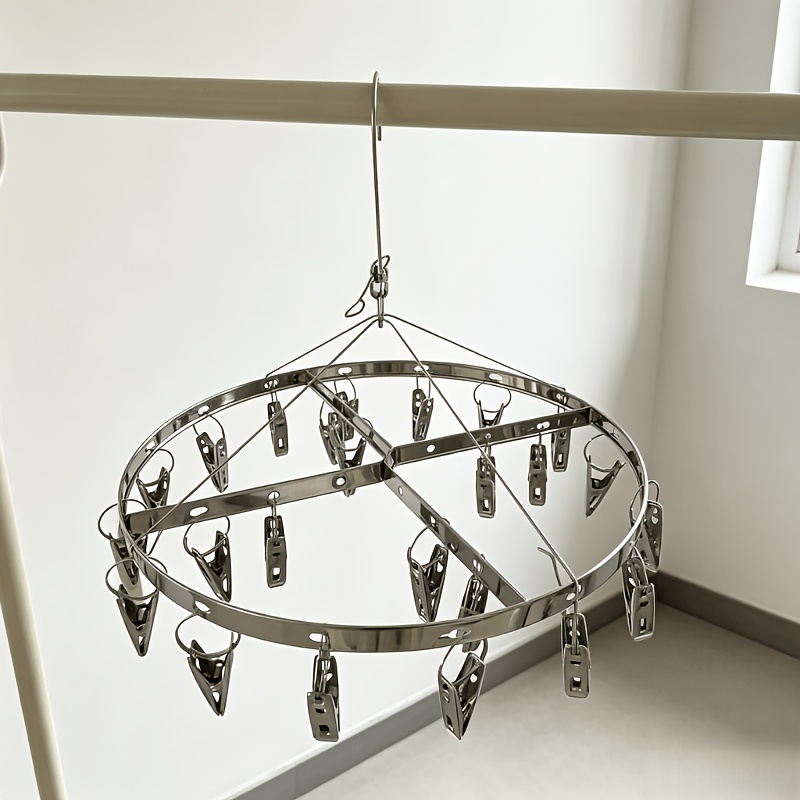 TEMU Stainless Steel Clothespin Rack With 24 Clips, Balcony Bathroom Dual-use Home Drying Organizer, Windproof Hook, Space-saving Socks, Lingerie And