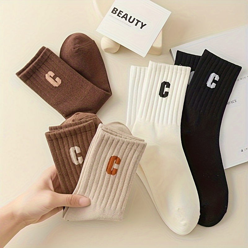 

5 Pairs Letter Pattern Socks, College Style Simple Mid Tube Socks For Fall & Winter, Women's Stockings & Hosiery