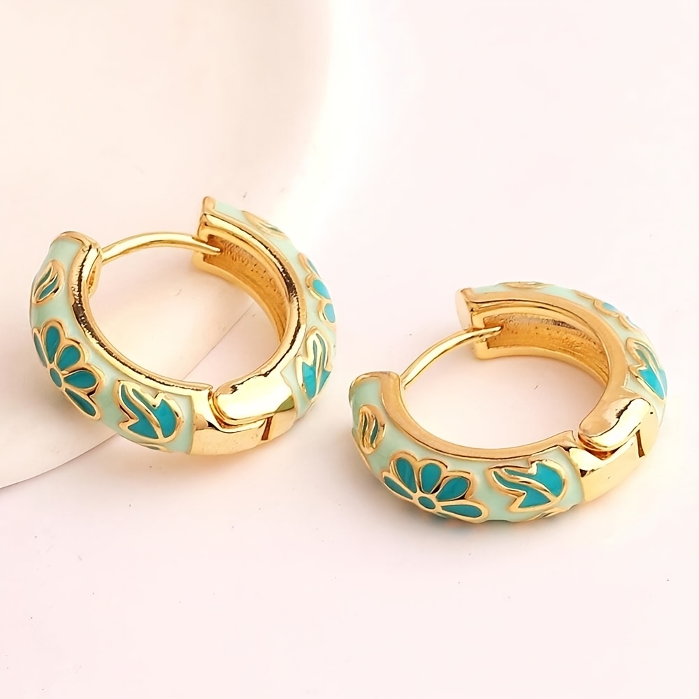 TEMU 1 Paire de Boucles d'Oreilles Créoles Vintage Style Chinois en Émail avec Effet Ruisselant Floral Coloré, Nouvelles Boucles d'Oreilles Style