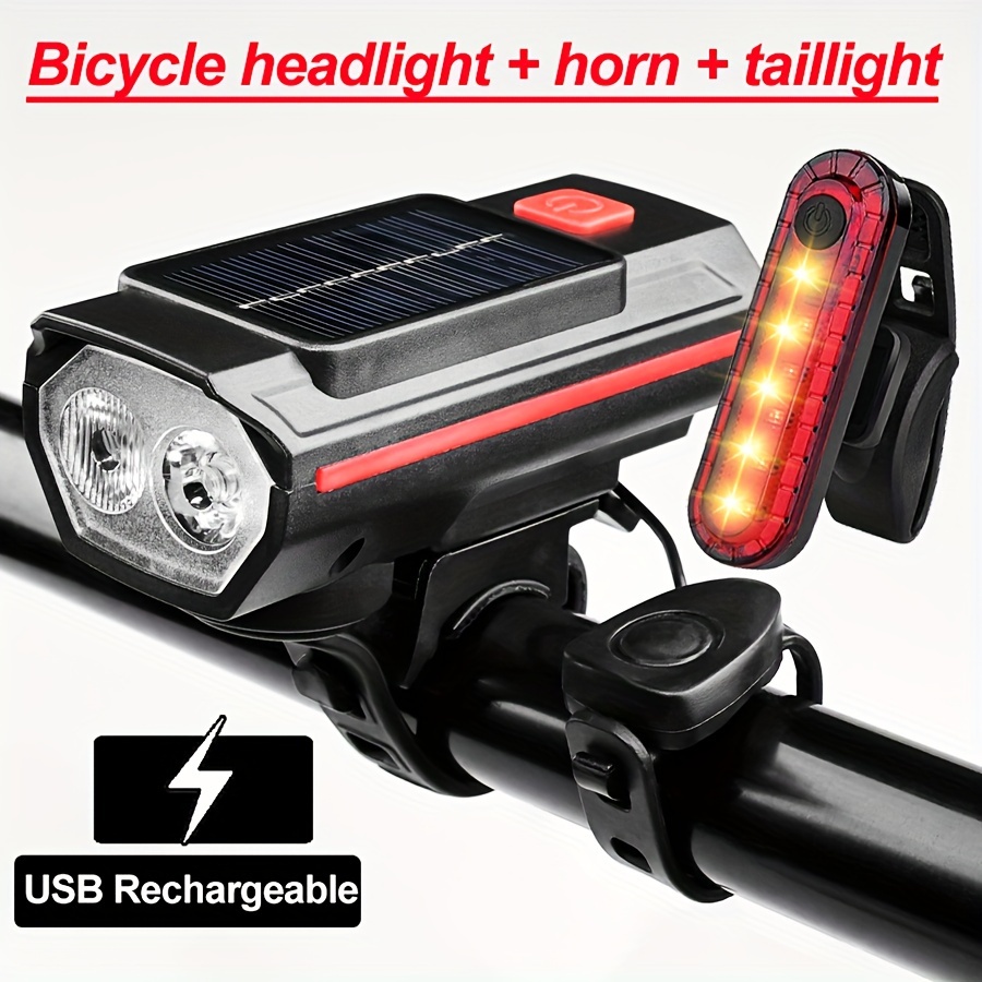 

Usb Rechargeable Led Bike Headlight And Tail Light Set, 3 Lighting , Handlebar Mounted, Non-waterproof Abs Bicycle Light Combo With Horn, With Polymer Lithium Battery For Bicycle