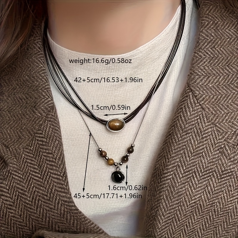 2pcs Elegant Double Layered Leather Necklace Set Chic Brown Black  Beaded Chain with Yellow Resin Pendant, Versatile for Casual Attire Parti