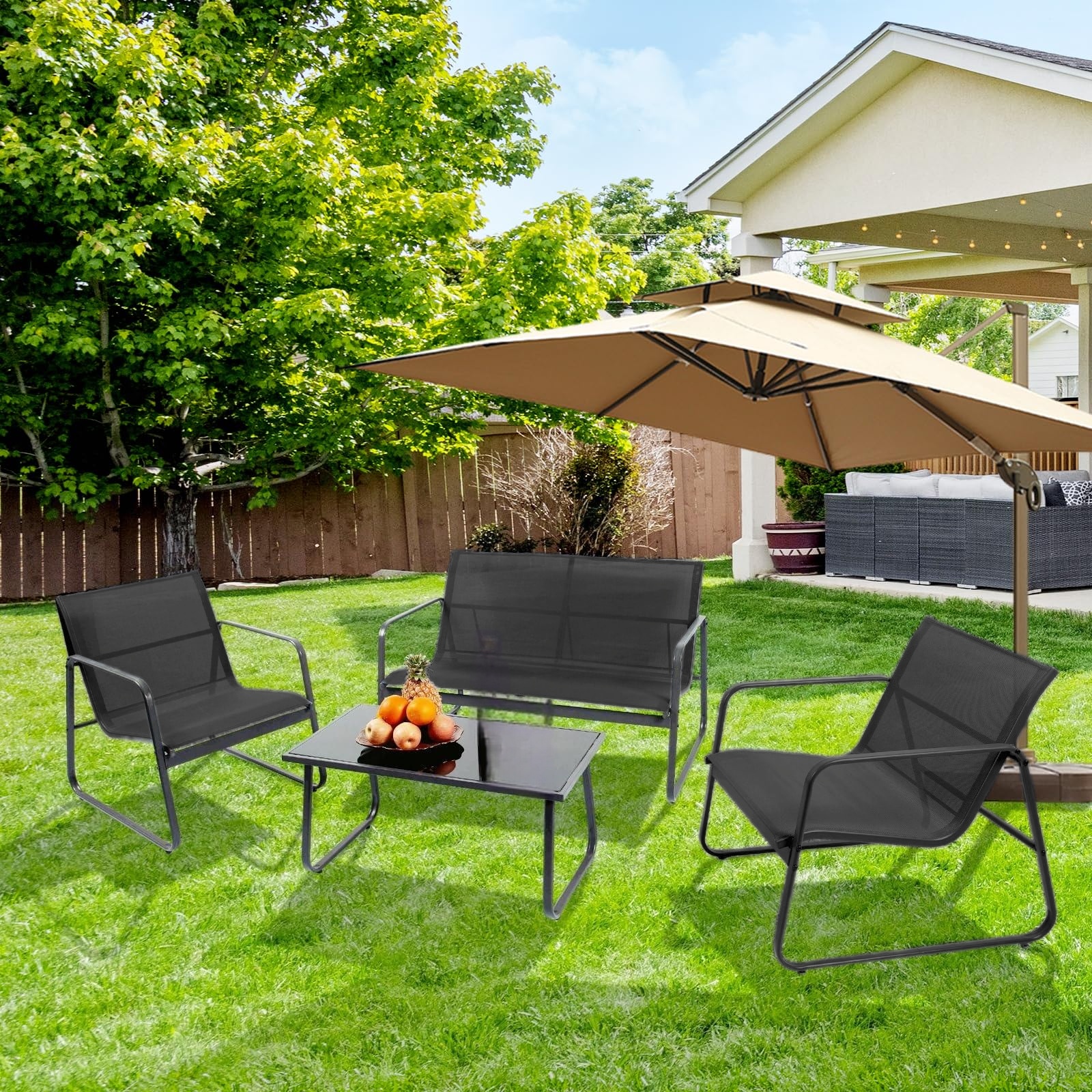 Patio Furniture Outdoor, Outdoor Patio Furniture Set Poolside Lawn Chairs Tempered Glass Coffee Table Garden Conversation Sets Loveseat Porch Textilene Fabric Black Or Grey (4 Pieces )
