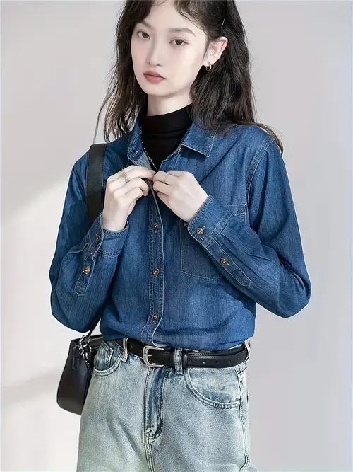 여성용 빈티지 스타일 긴팔 데님 셔츠 - 캐주얼한 연한 파란색 면 버튼업, 가슴 포켓, 세탁기 사용 가능, 봄 & 가을에 완벽, 가을 레이어링 피스 | 오버사이즈 데님 셔츠 | 구조화된 핏 데님
