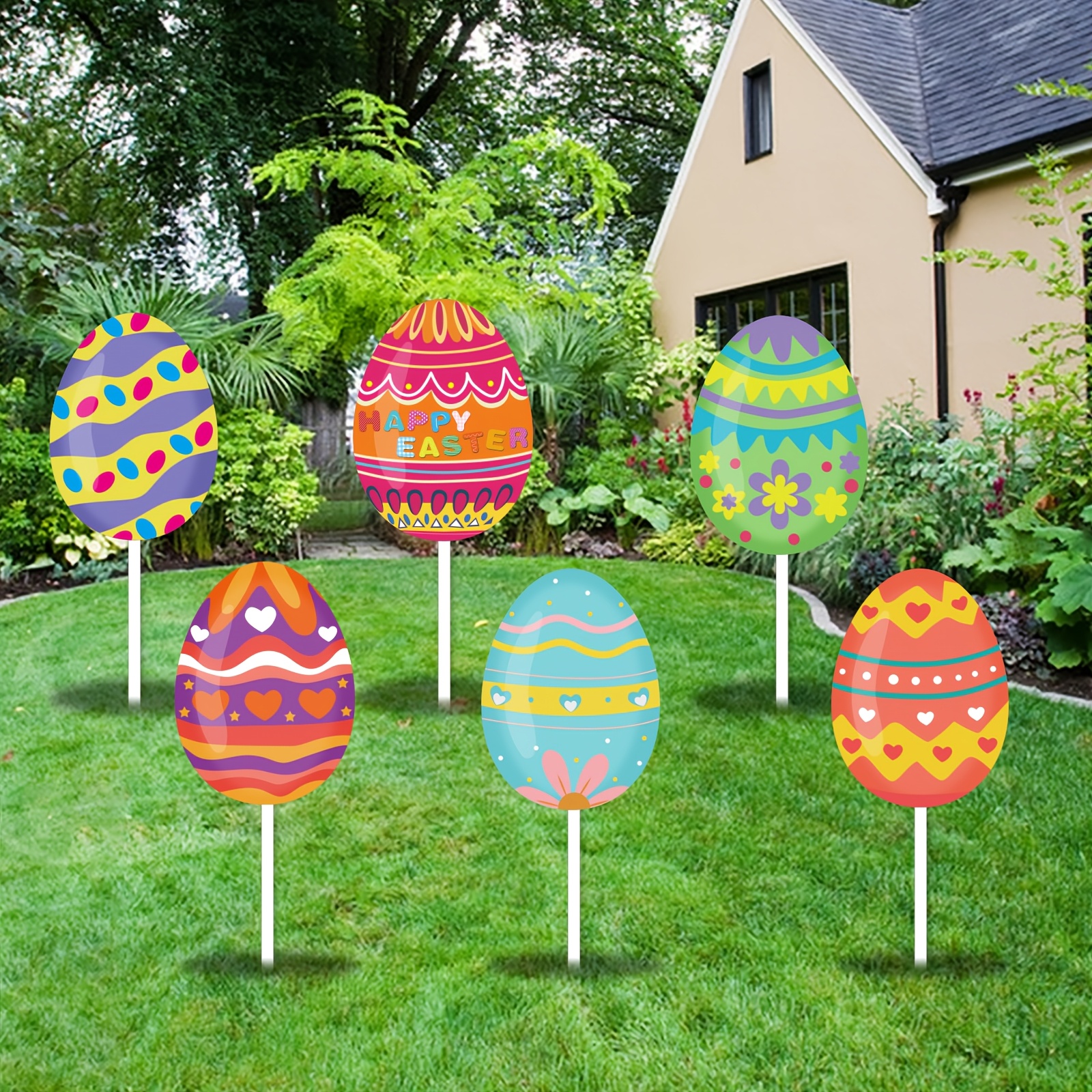 

6pcs Wuuhawuha Easter Egg Yard Signs, Plastic Outdoor Lawn Decorations, Weatherproof Garden Stakes For Spring , Easter, Thanksgiving, 's Day - No Power Needed