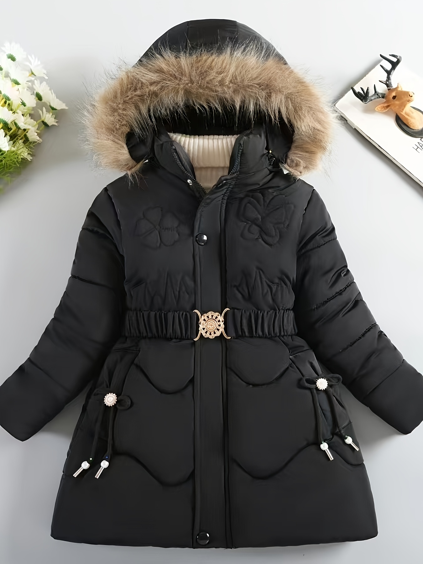 Girls' Winter Coat with Hood Thickened Parka, Soft Pink Cold Weather  Jacket, Non-Stretch Fabric, Front Button Closure Waist Belt, Warm  Outerwear f