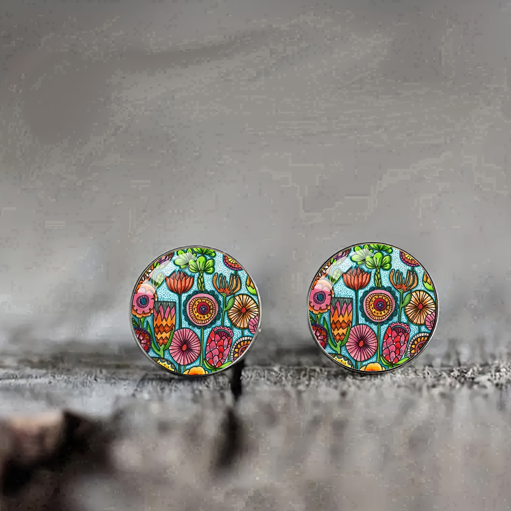 

1 Paire de Boucles d'Oreilles Chic Bohème en Acier Inoxydable avec en Verre Floral Vibrantes - Design Convexe, Parfaites pour & les Fêtes pour Hommes et Femmes, Boucles d'Oreilles Originales