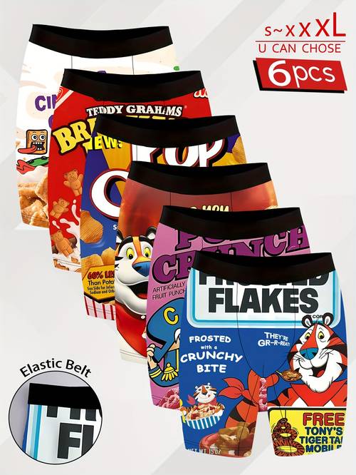 6pcs mens novelty extended boxer briefs breathable quick dry stretchy elastic underwear with vibrant cartoon designs sports beach pool and casual wear unique birthday gift idea boxer shorts sports underwear print underwear