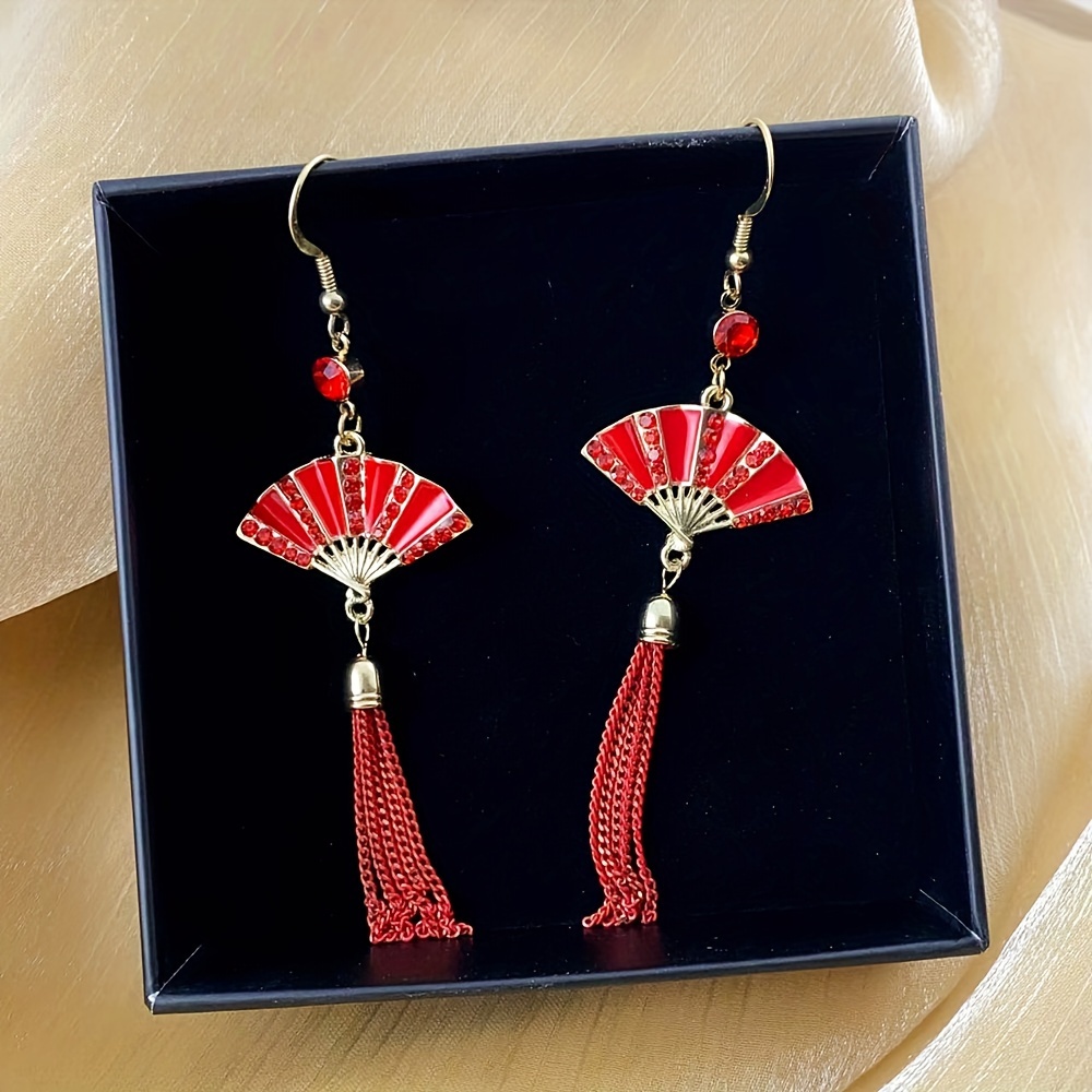TEMU 1 Paire de Boucles d'Oreilles Élégantes et Tendance pour Femme, Style Chinois, Longues à Pompon Synthétique Effet Goutte de d'Éventail, Crochets