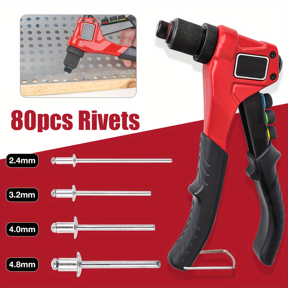

80pcs Rivet Gun Set, 4-in-1 Portable Hand Riveter Tool Kit, Professional Manual Riveting For Handles/windows/metal With 2.4mm/3.2mm/4.0mm/4.8mm Rivets, Metal Construction, 4 Interchangeable Heads