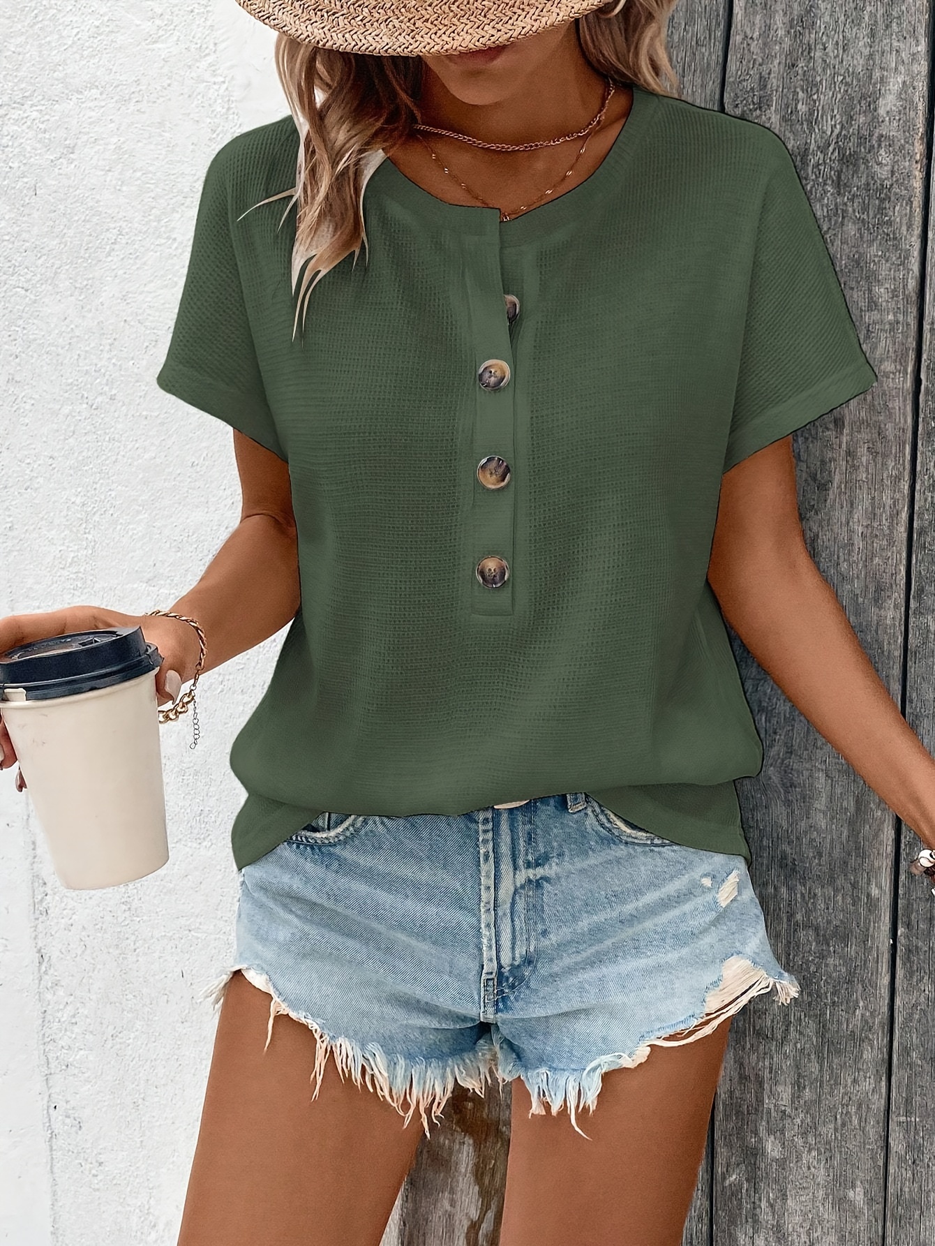 solid color henley neck t shirt casual short sleeve t shirt