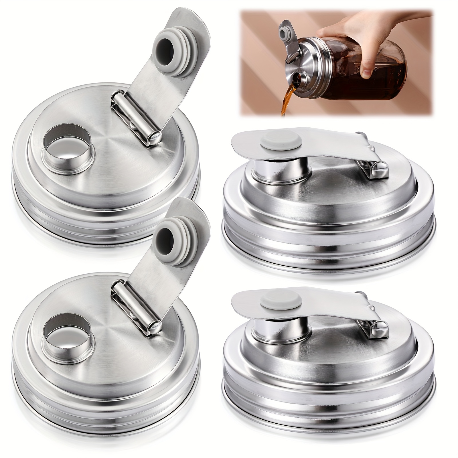 TEMU 4pcs Mason Jar Pour Spout Lid For Wide Mouth Mason Jars, Rust Proof Leak Proof Seal Home Tea, Milk, Juice Drinks Airtight Turns Your Container Into Pitcher