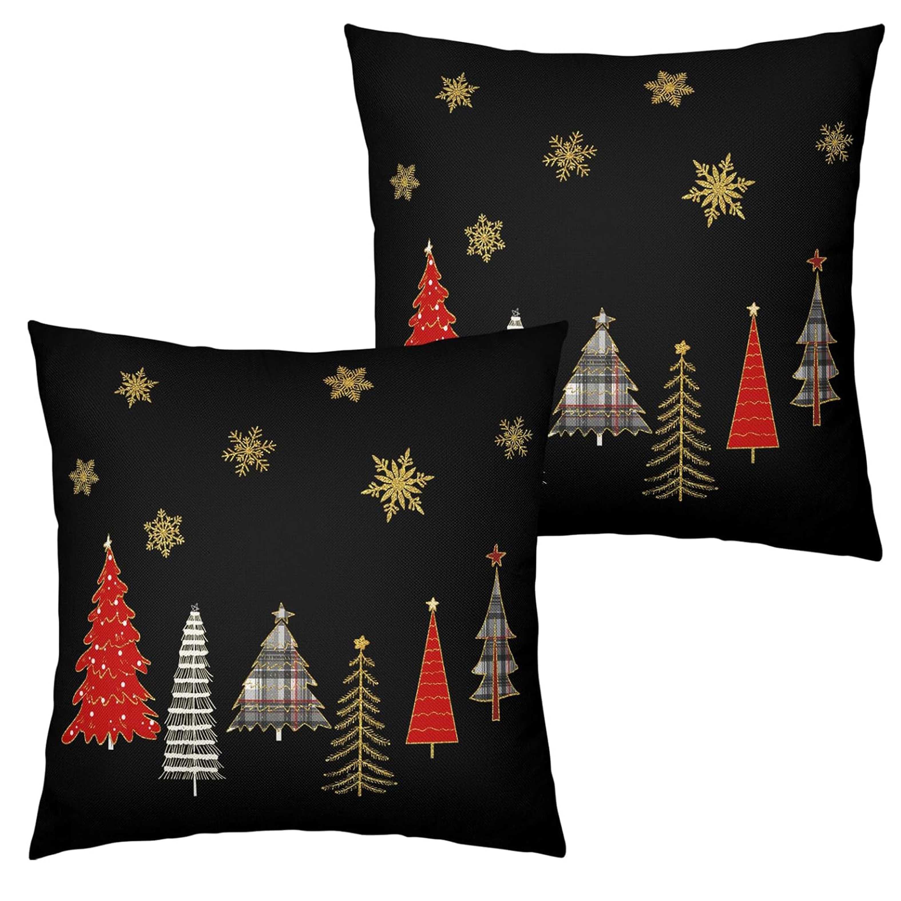 

2pcs Set Festive Linen Pillow Covers - Black With Golden Snowflake & Christmas , Decor, Farmhouse Style Cushion Cases For Sofa And Bedroom, Machine Washable, Zip Closure