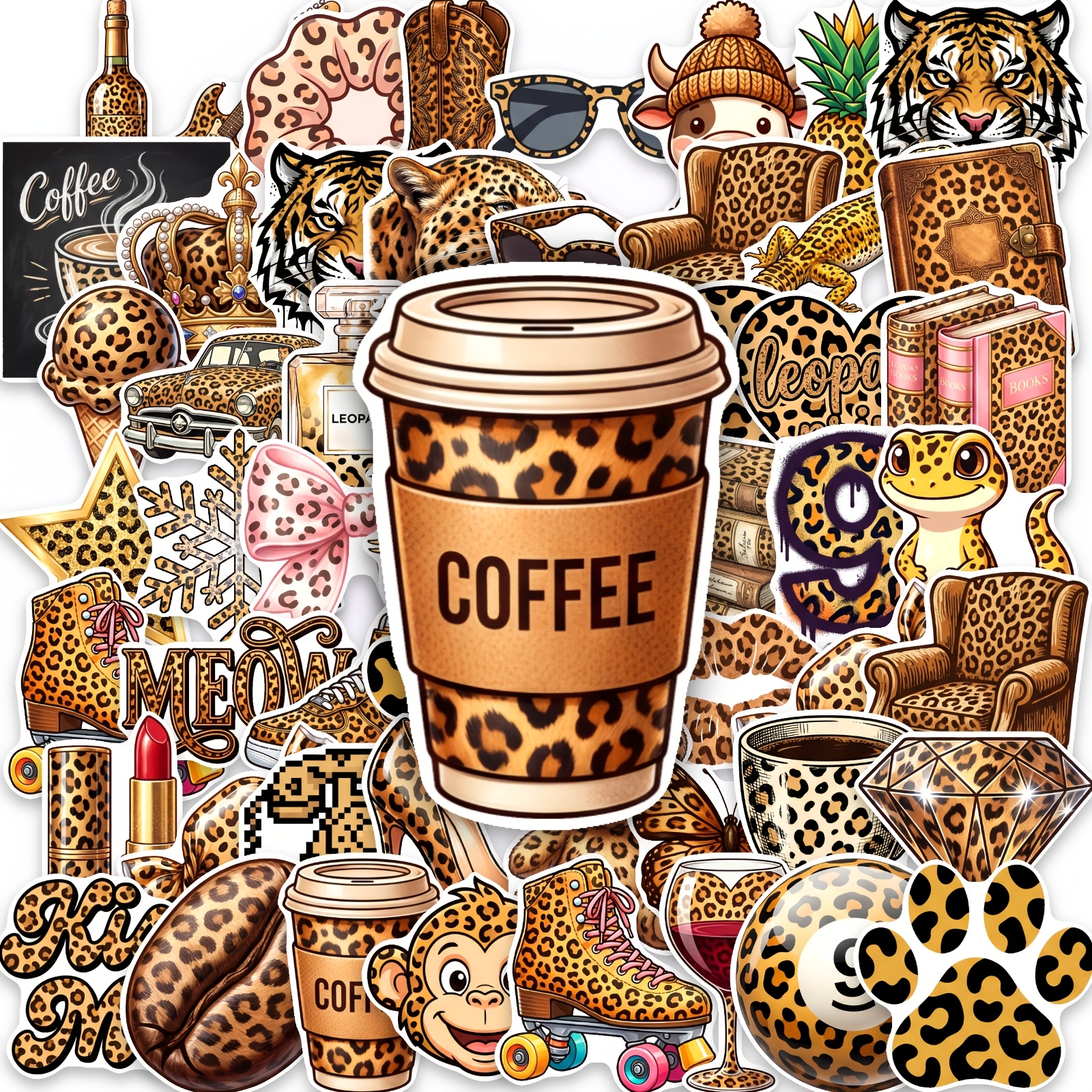 TEMU 50pcs Leopard Print Object Stickers, Leopard Print Item Stickers. Ideal For Laptop, Water Bottle, Phone, Journal, Scrapbook, Bumper, Skateboard,