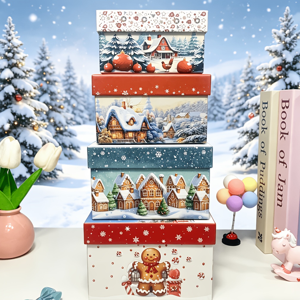 TEMU 4-pack Christmas Nesting Gift Boxes, Square Cardboard Boxes With Santa And Snowman Prints, Decorative Storage Boxes For Holiday Gifts, , And