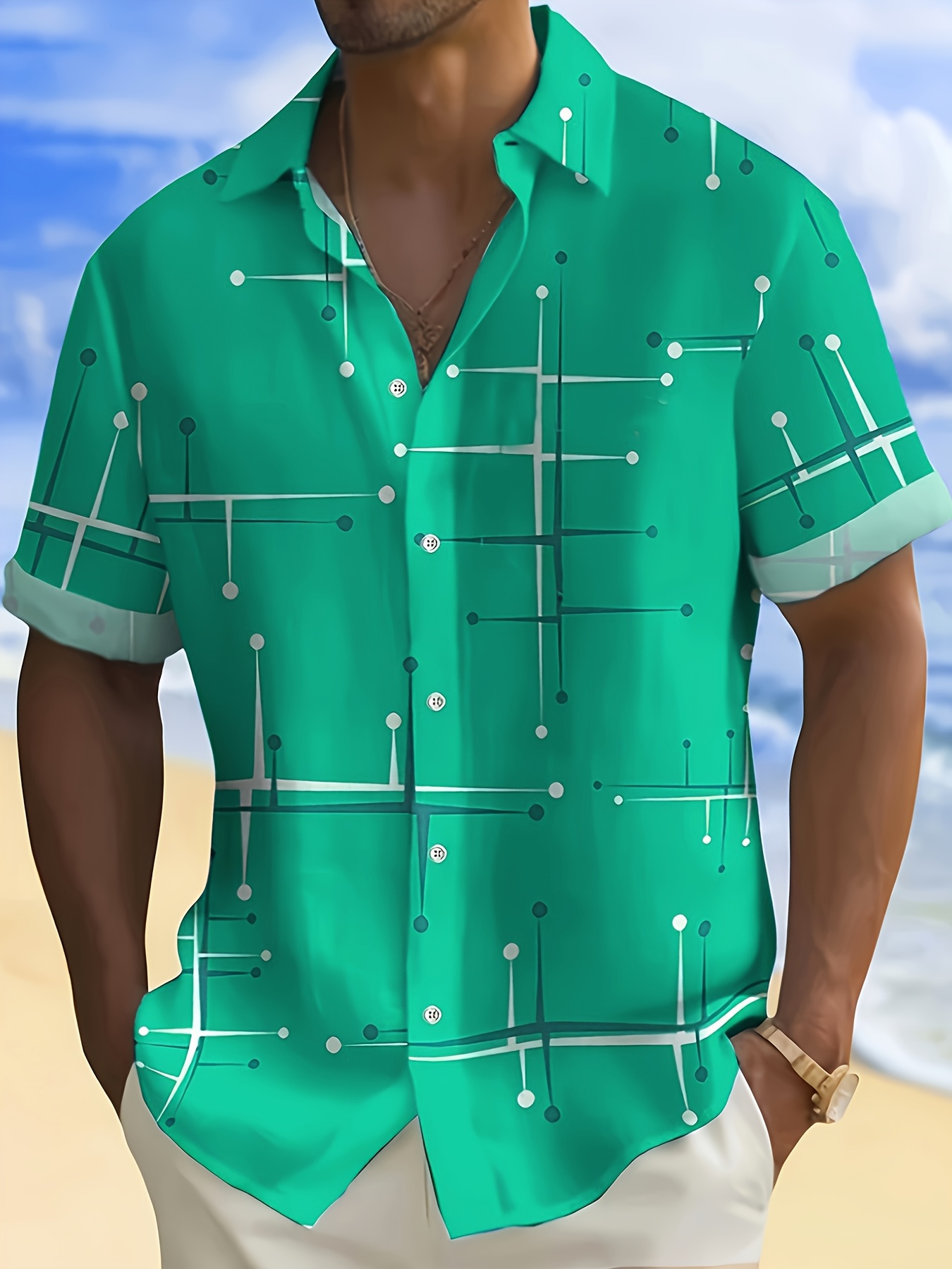 mens fashion short sleeve shirt with irregular print polyester 100 lapel collar button detail regular fit woven fabric 110gsm   season