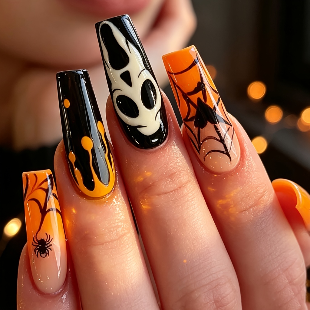 TEMU Faux Ongles Orange Moyenne Longueur, 24pcs, Stickers Ongles à Presser, Manucure Y2K, Nail Art Gothique, Ensembles d'Ongles, Ongles Femme, Ongles