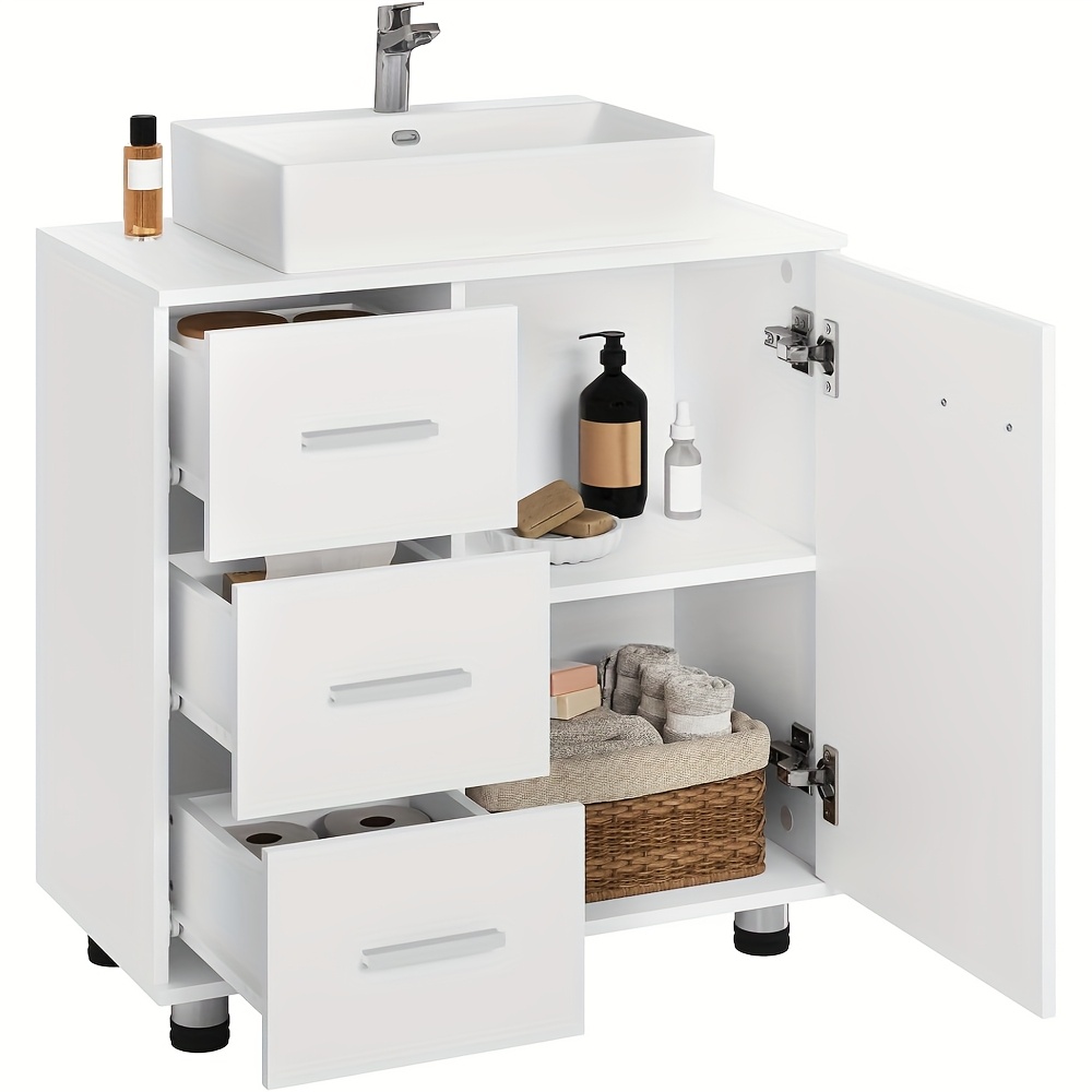 Image of 1pc Medicine Cabinet, Vanity Unit With 3 Drawers, Cabinet With 2 Compartments, Bathroom Cabinet With Adjustable Shelf, 60 X 60 X 30cm, White + Grey/white/white + Oak