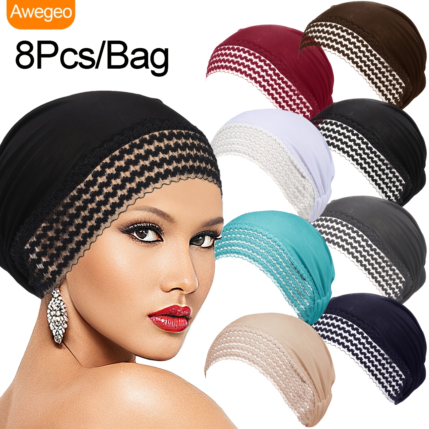 TEMU Lot de 8 bonnets cache-cheveux à large bordure en dentelle, doublure cache-cou intégrale extensible et respirante, turban pour la protection des