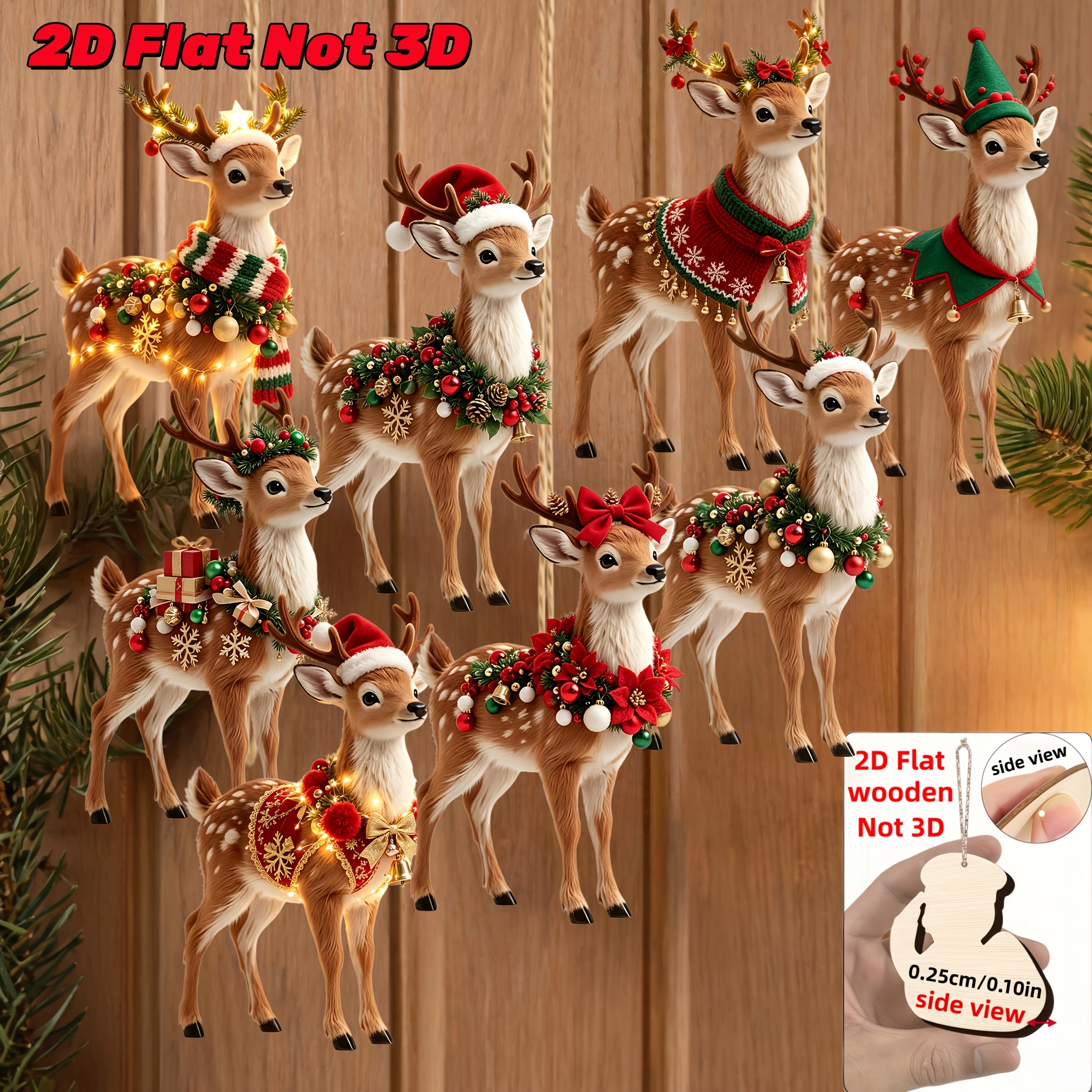TEMU 2d Flat, 2d Flat - Set Of 8 Cute Christmas Reindeer Wooden Ornaments In Festive Outfits - 2d Flat, Not 3d | , Made Of Wood | Suitable For