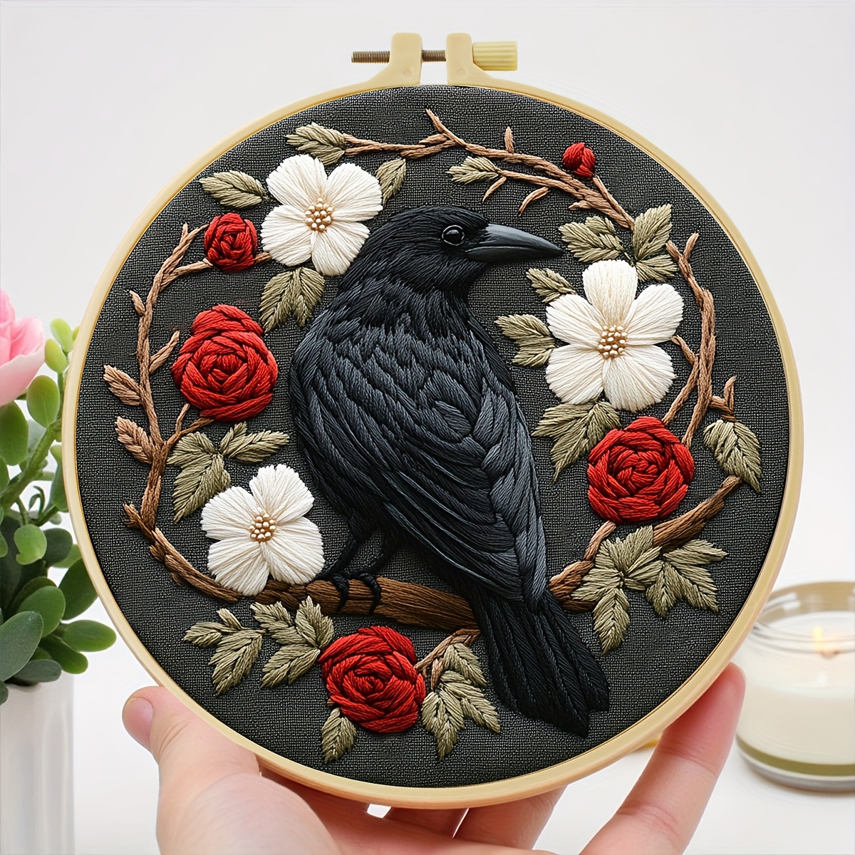 TEMU 1pc Embroidery Set, 15x15cm/5.9x5.9 Inches, 20x20cm/7.9x7.9 Inches, Featuring Crow And Flower Patterns. Handmade Diy Embroidery Set Suitable For
