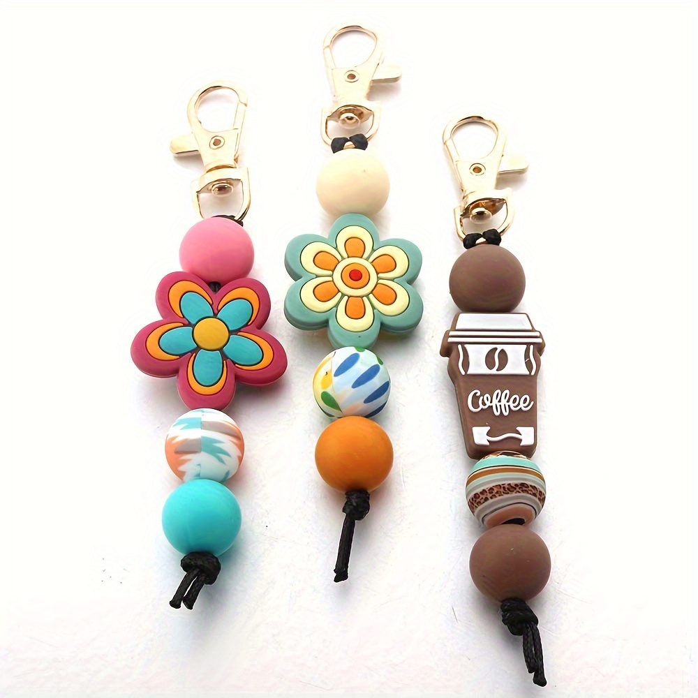 

Chic Silicone Flower & Coffee Bead Keychain - Cartoon-themed, Diy Bag Charm With Carabiner Clip For Autumn/winter Bag Accessories Charms