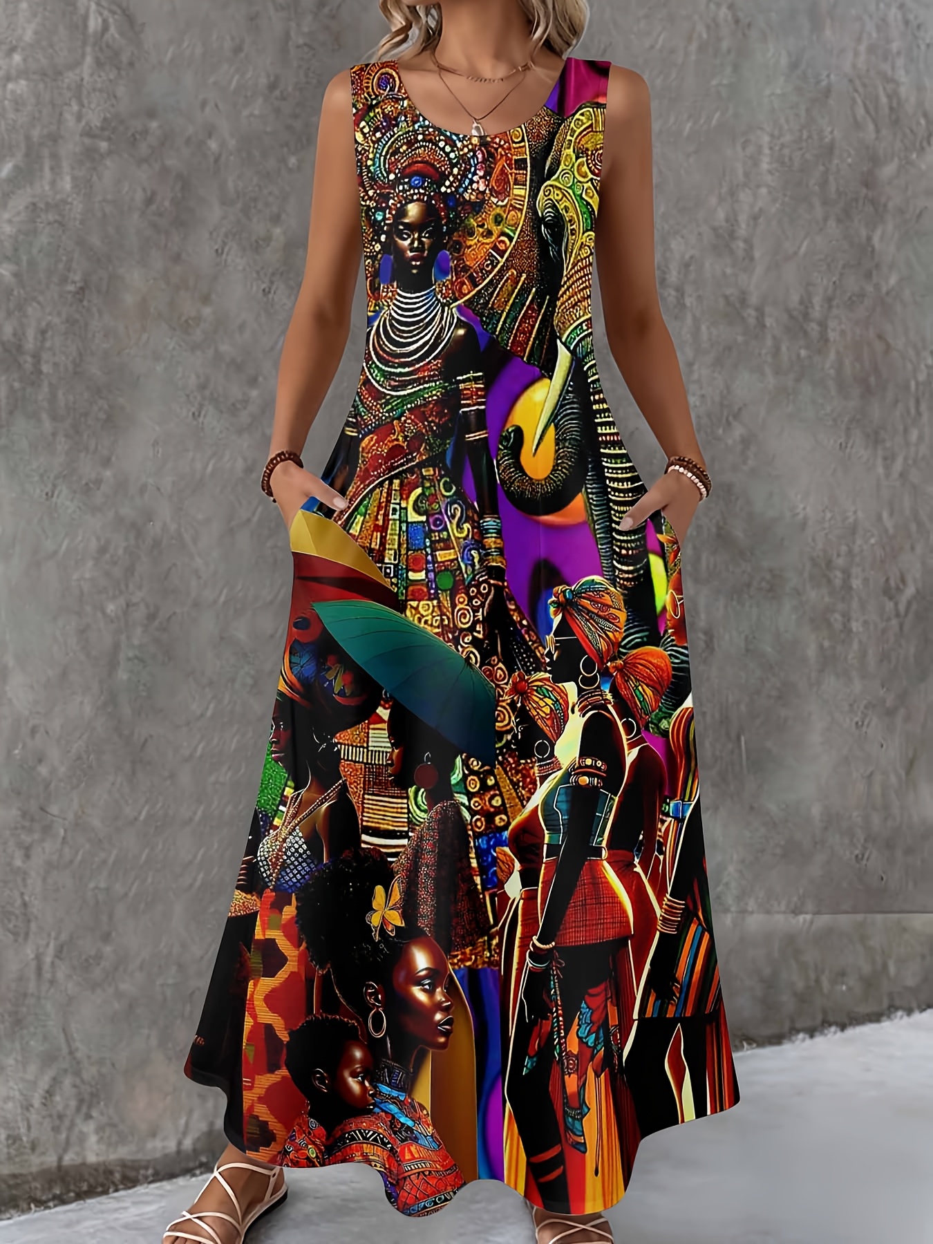 african print sleeveless maxi dress with pocket casual loose fit long dress for women bohemian style summer beach wear fashionable ethnic pattern dress
