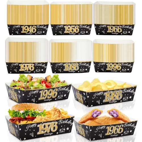 6pcs 12pcs 24pcs 30th th 50th th 70th 80th birthday anniversary supplies disposable paper food trays black and golden back in 1946 1956 1966 1976 1986 1966 snack popcorn candy fries party for 30 50 70 80 years old birthday party favor deco