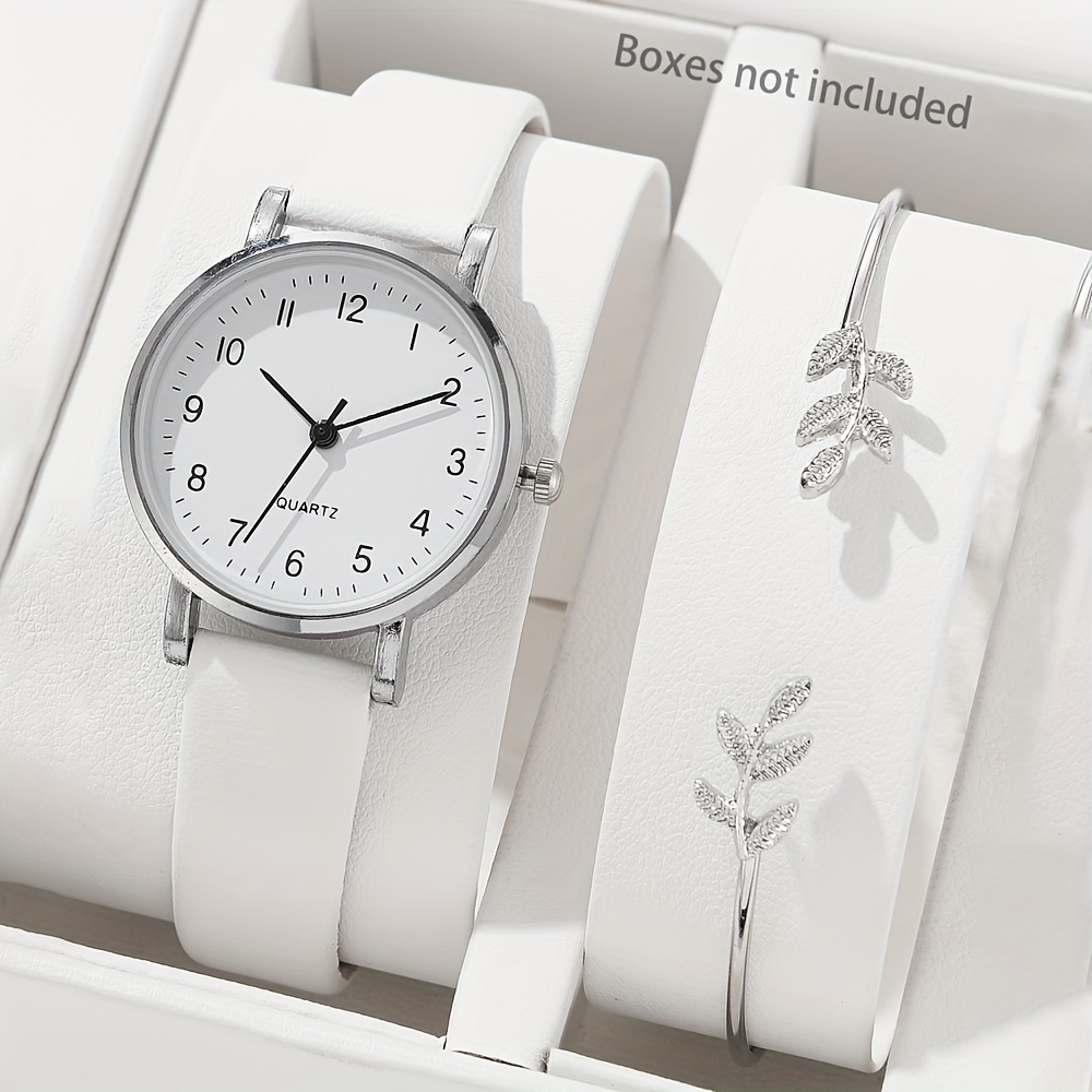 

2pcs/set Women's Casual Round Pointer Quartz Watch Analog Pu Leather Wrist Watch & Leaf Bangle, Gift For Girlsher