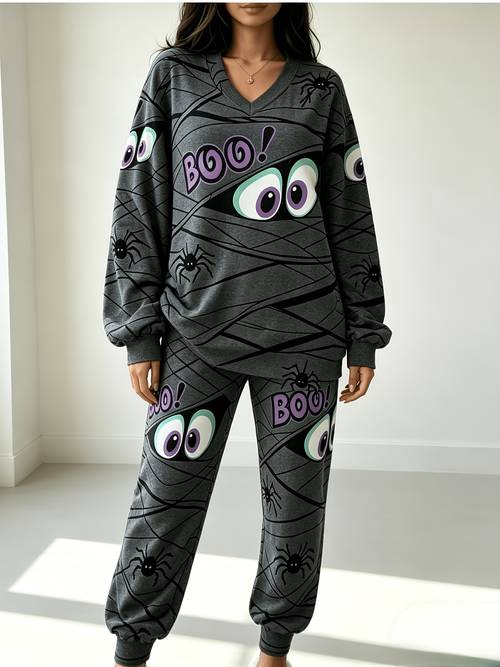 women halloween eye boo print 2pcs loungewear outfit loose crew neck long sleeve sweatshirt and jogger pants soft casual sleepwear for fall halloween holiday