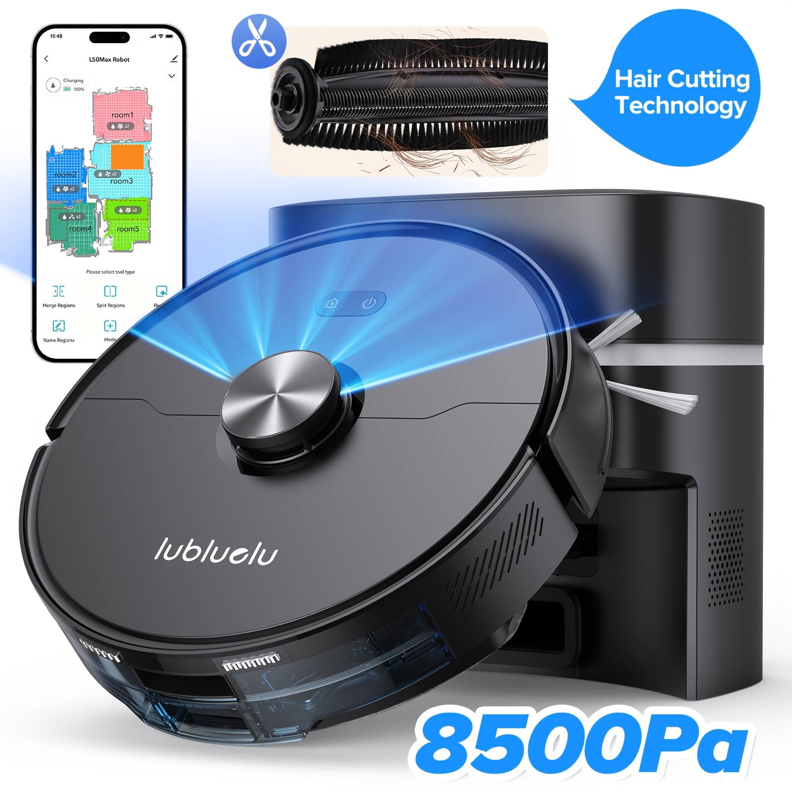 TEMU Lubluelu L50max Robot Vacuum And Mop, Anti Hair Cutting Technology, 8500pa Deep Cleaning Power, With 2.5l Auto Empty Station For 75 Days Hands