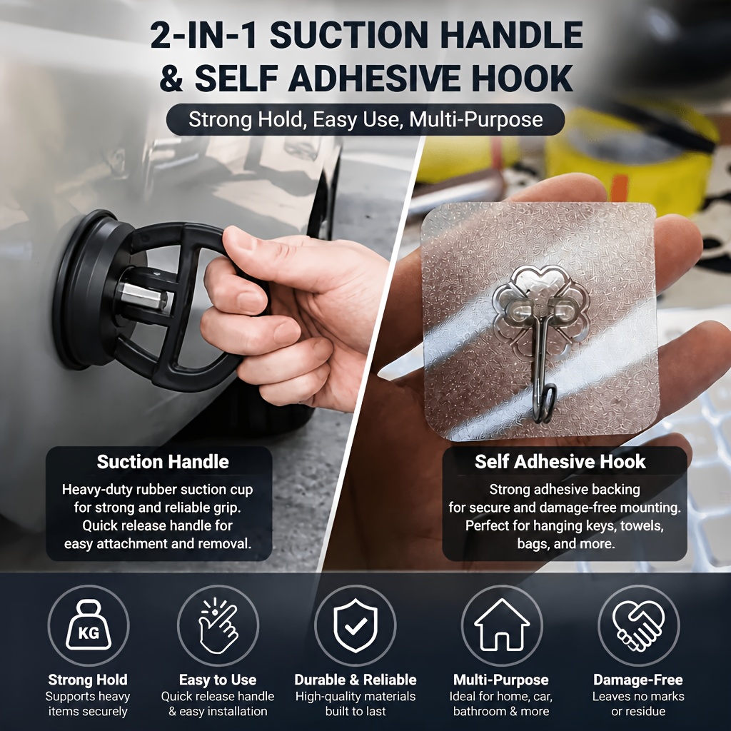 TEMU 2pcs Set (multi-functional Strong Suction Cup Handle And Self-adhesive Hook), Car Dent Repair Puller Tool, No Damage To Paint And No Scratches,