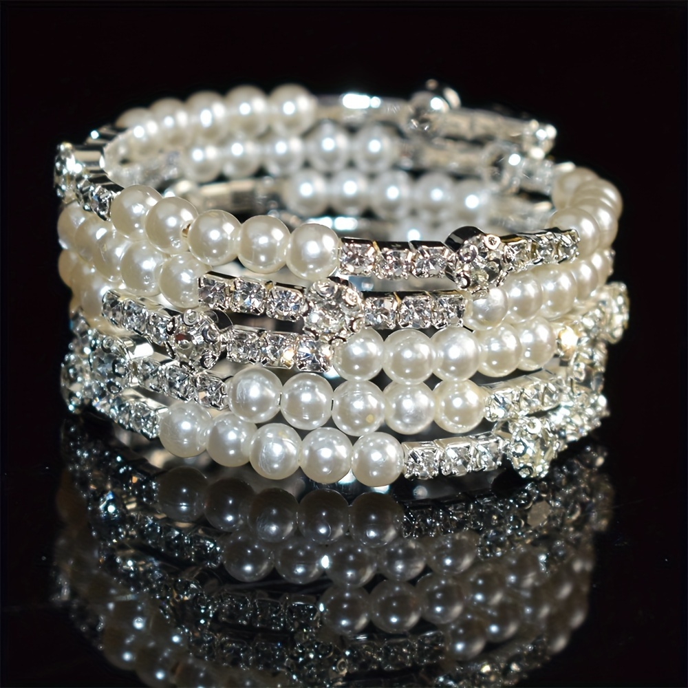 

Elegant & Bling Style, 5-layer Faux Pearl & Rhinestone Wrap Bracelet, Adjustable Open Bangle, Bling Style, Women's Wrist Accessory For Matching Outfits