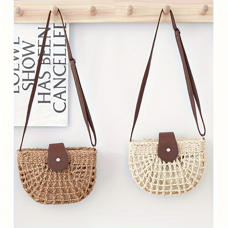 

Hollow Out Woven Crossbody Bag, Boho Style Mini Bag, Retro Buckle Beach Bag For Travel Vacation