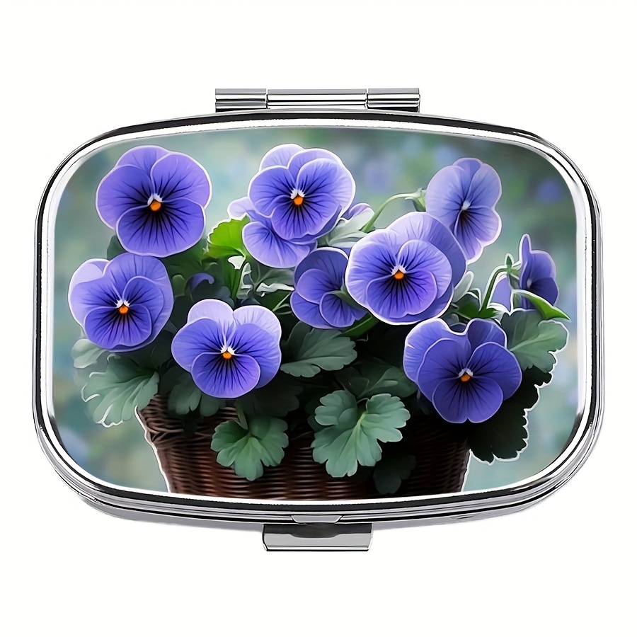 TEMU 1 Beautiful Purple Flower Mini Pill Box - Compact 2 Compartment Pill Organizer, Travel Portable, Pocket & Purse - Ideal Unique Gift, Wallet Pill Box