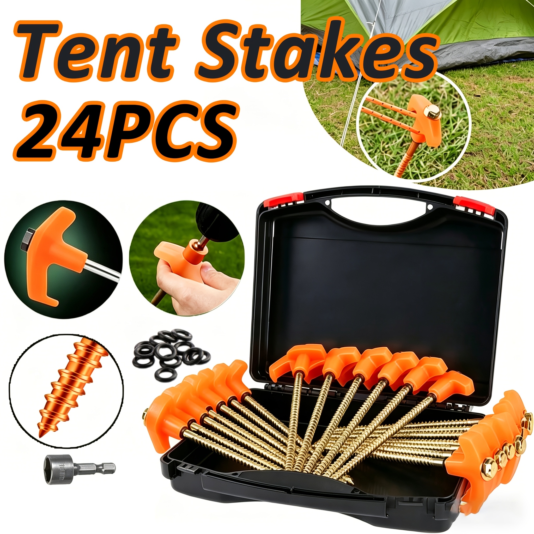 Image of 24 Pack Tent Stakes Heavy Duty, Yard Stakes Metal Tent Pegs Ground Stakes Tent Spikes For Camping Patio, Garden, Canopies, , Outdoor, Orange