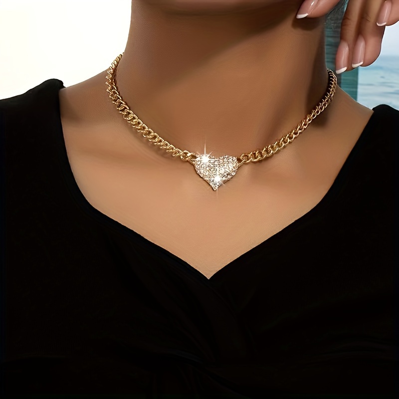 Heart Pendant Necklace with Rhinestones Chain for Women
