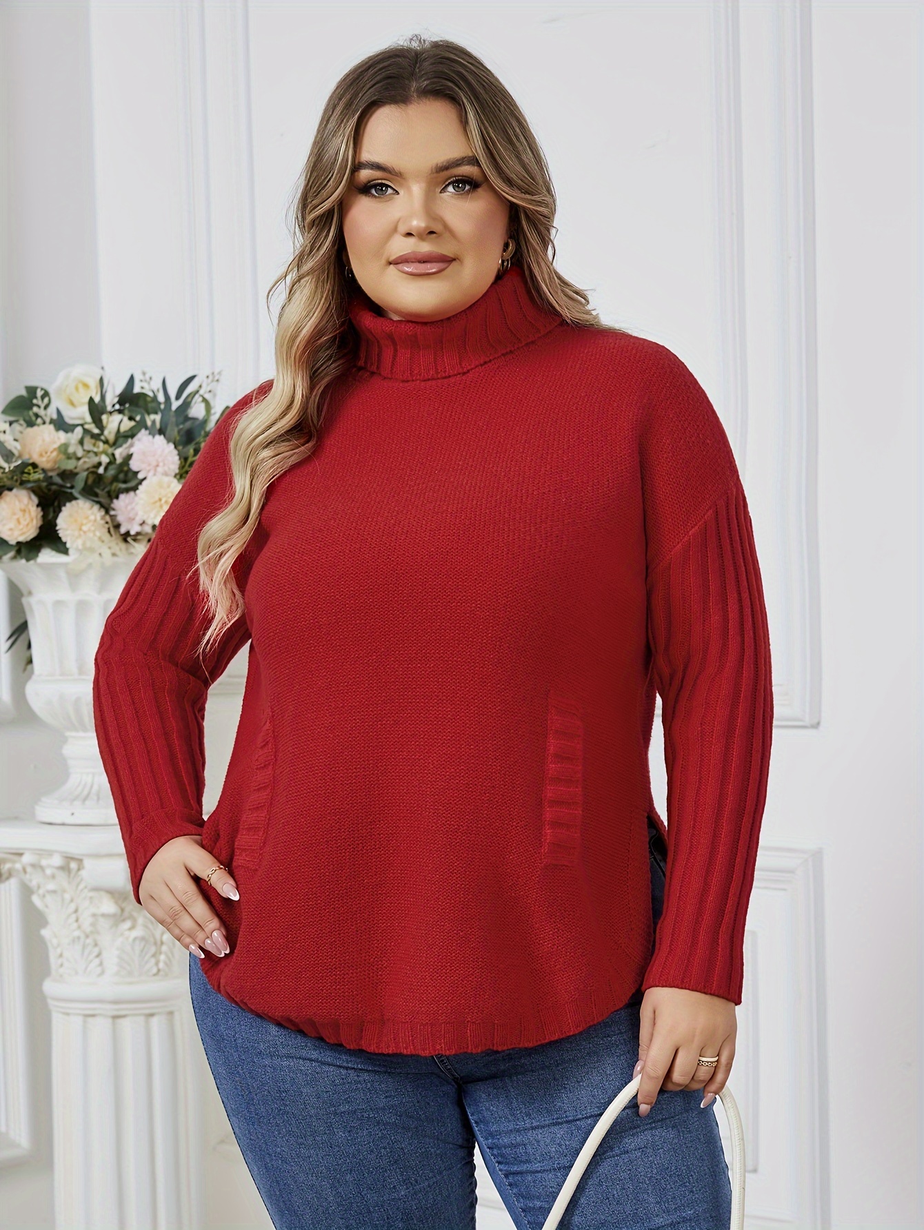 Plus Size Casual Sweater Women's Plus Solid Long Sleeve High - Temu