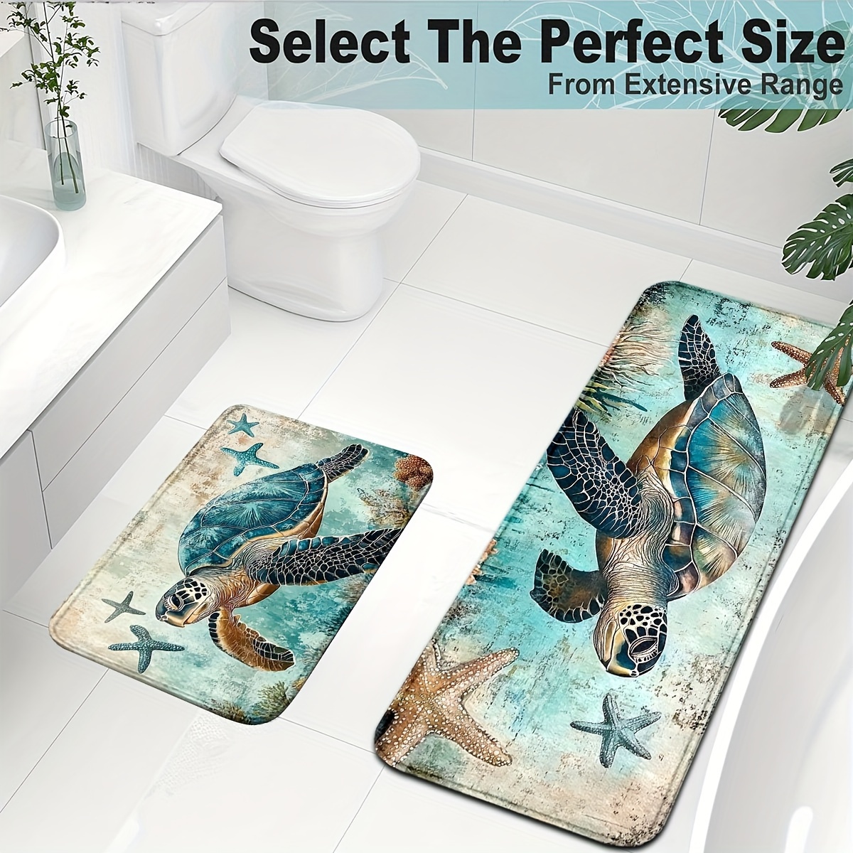 

Sea Turtle And Starfish Bath Rug Set, Polyester Non-slip Soft Knit Bathroom Mats, Machine Washable Entryway Floor Rugs, Ideal For Home Decor - 1.2cm Thickness