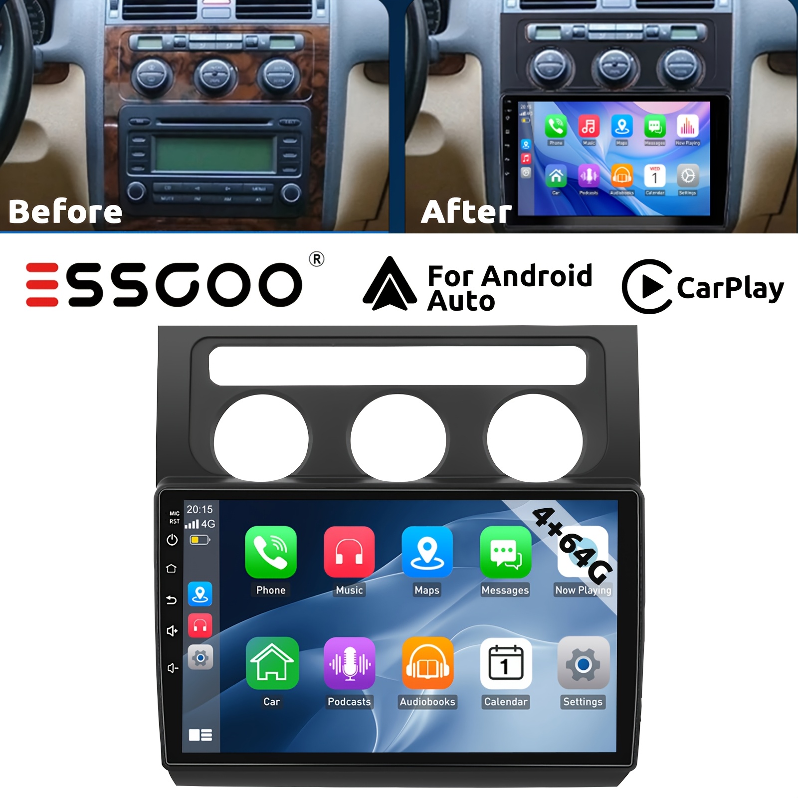 Image of Essgoo 4+64g Carplay Auto Car Stereo Radio For Vw 1t1 1t2 1t3 2003-2010, 10.1-inch Touchscreen Stereo 14 Usb Wifi Rds Radio