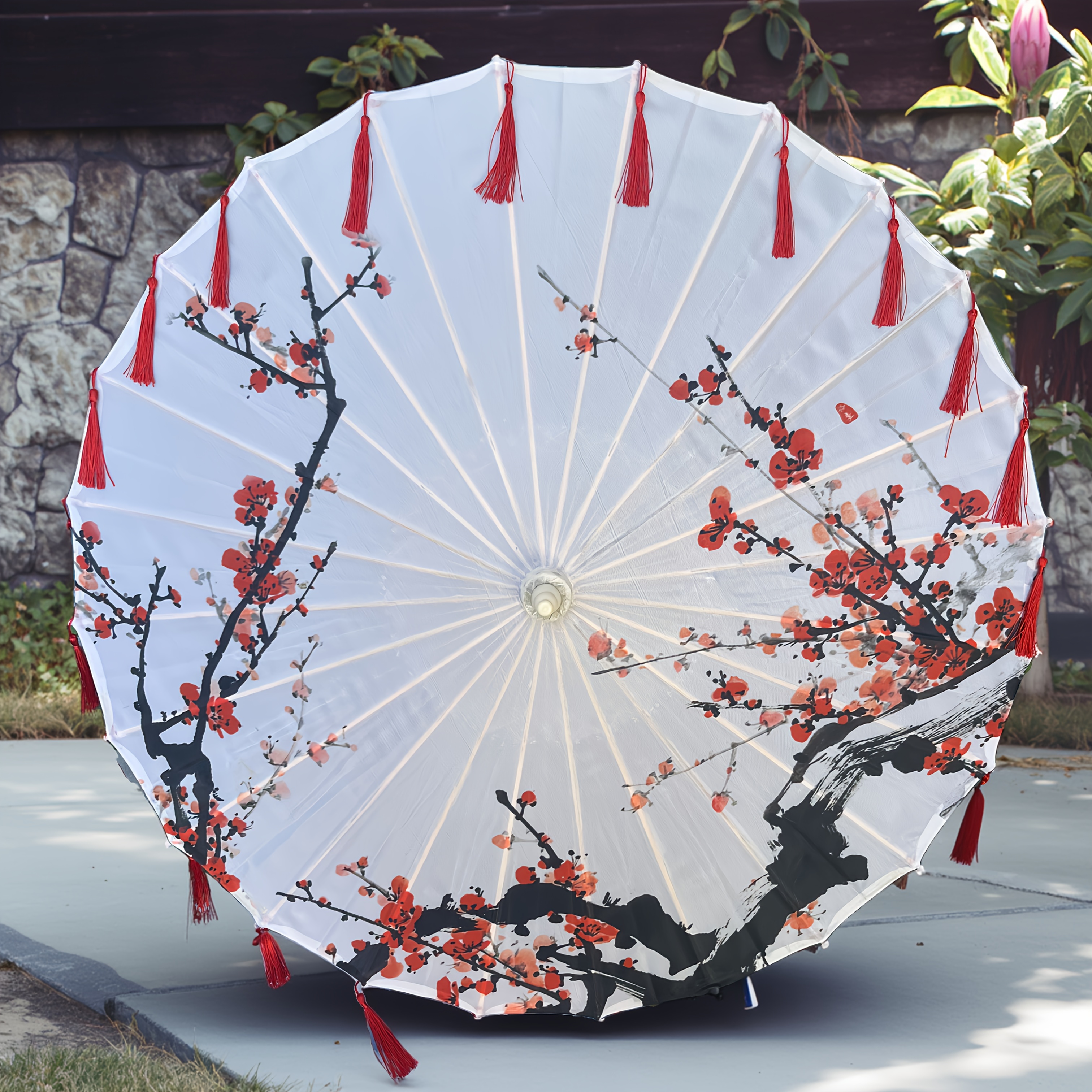 Image of Large Traditional Chinese Oil Paper Umbrella With Blossoms And Tassels | Handcrafted Non-heritage Art, Wooden Handle And Ribs, Fabric