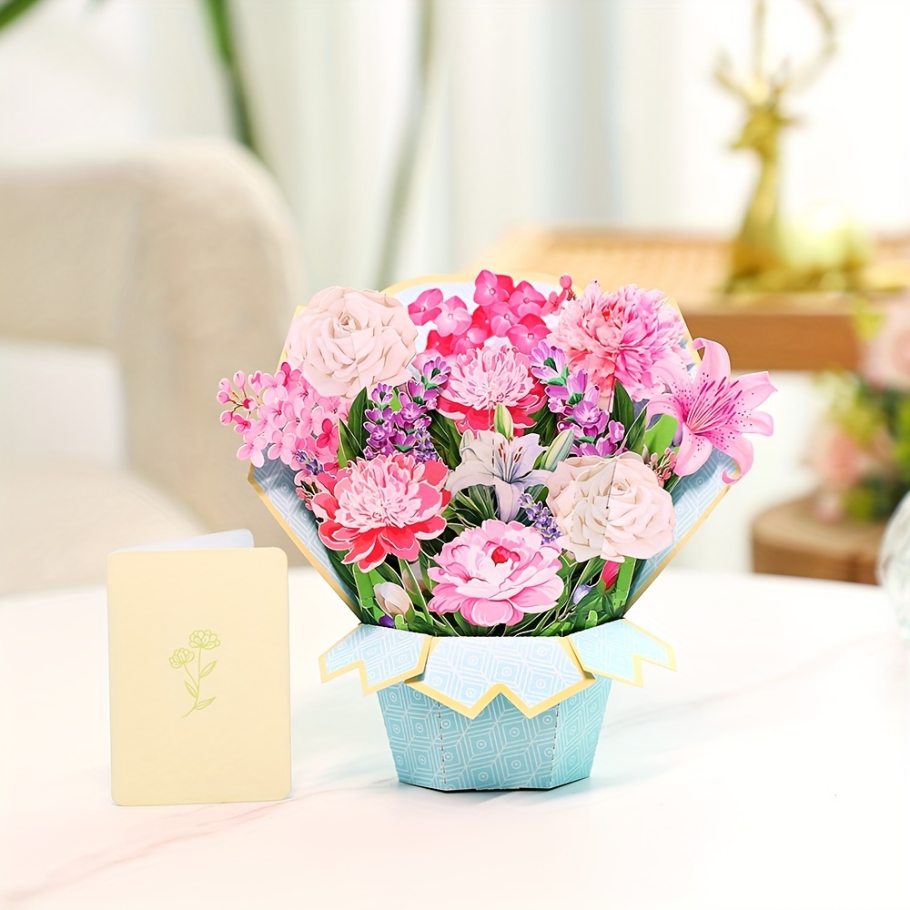 

3d Pop-up Birthday Card With Envelope And - Elegant Floral Greeting For Her, Friends, Thank You Gift, Bouquet, Popup Greeting Cards