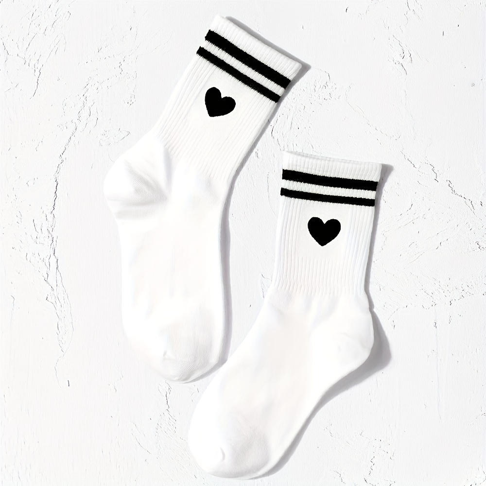 

Heart & Striped Socks, Casual & Simple Mid Tube Socks, Women's Stockings & Hosiery